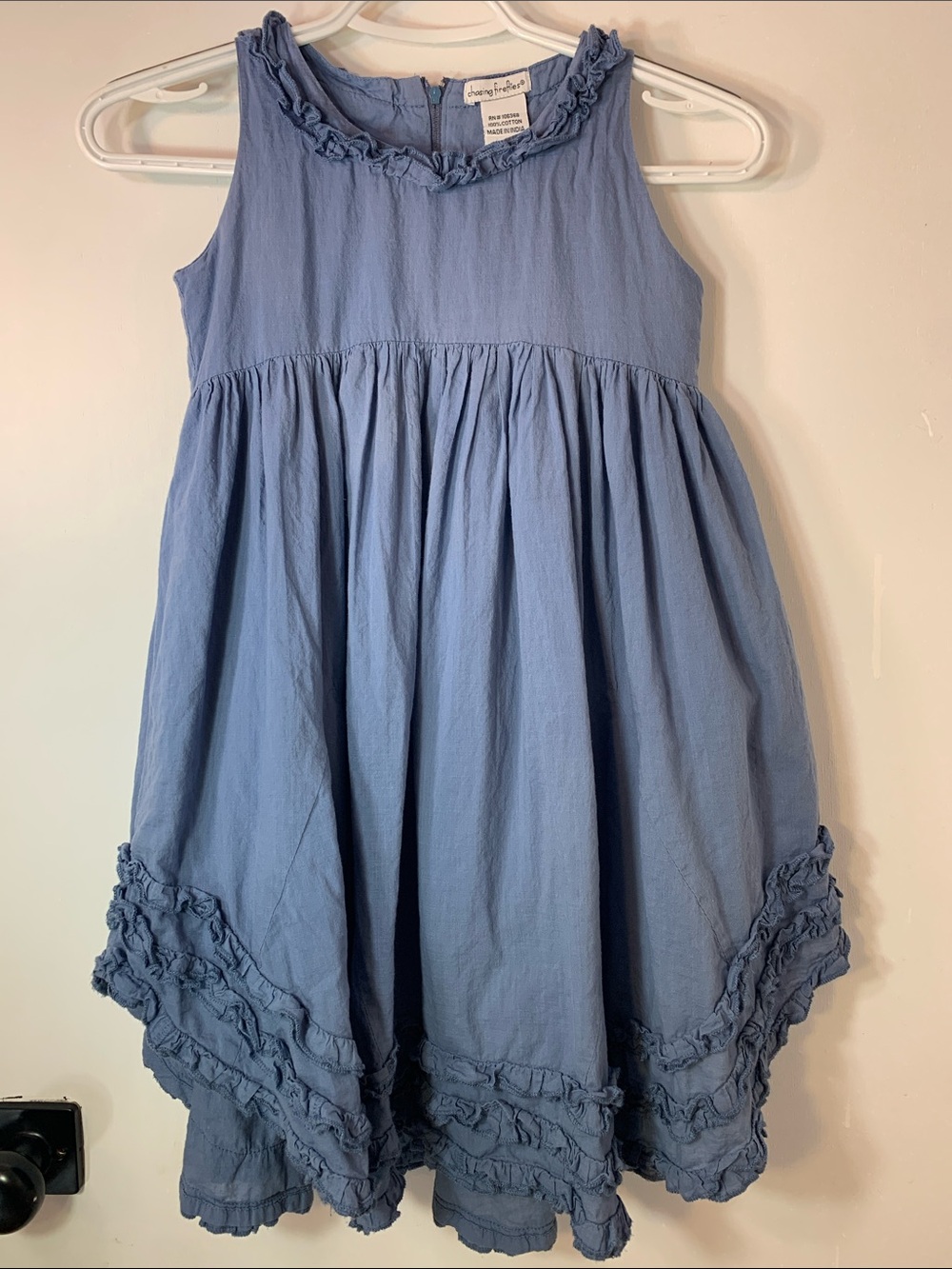Chasing Fireflies Dusty Blue Ruffle-Hem Girls Dress Sz 7 100% Cotton
